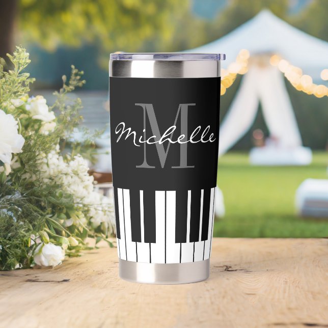 Custom monogram black and white piano keys  insulated tumbler (Wedding)