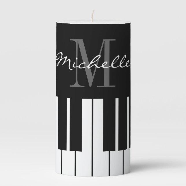 Custom monogram black and white piano keys pillar candle (Front)
