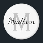 Custom monogram black and white standard round magnet<br><div class="desc">Custom black and white monogram standard round kitchen fridge magnet. Elegant script typography template for name or surname. Classy party favor or gift idea for friends, family, coworker, clients, employee, customers, visitors, wedding guests etc. Add your own business name optionally. Great for Birthday, wedding party, corporate business event and more....</div>