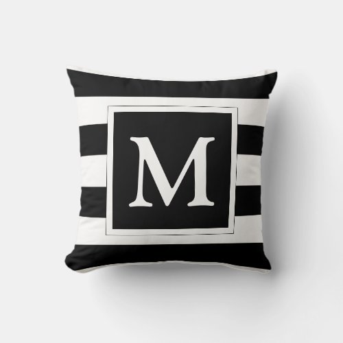Custom Monogram Black and White Striped Throw Pillow