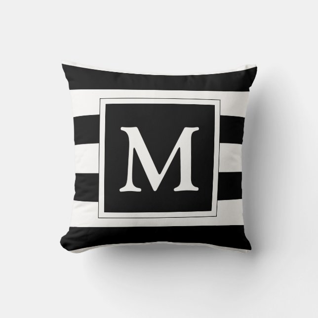 Custom Monogram Black and White Striped Throw Pillow (Front)