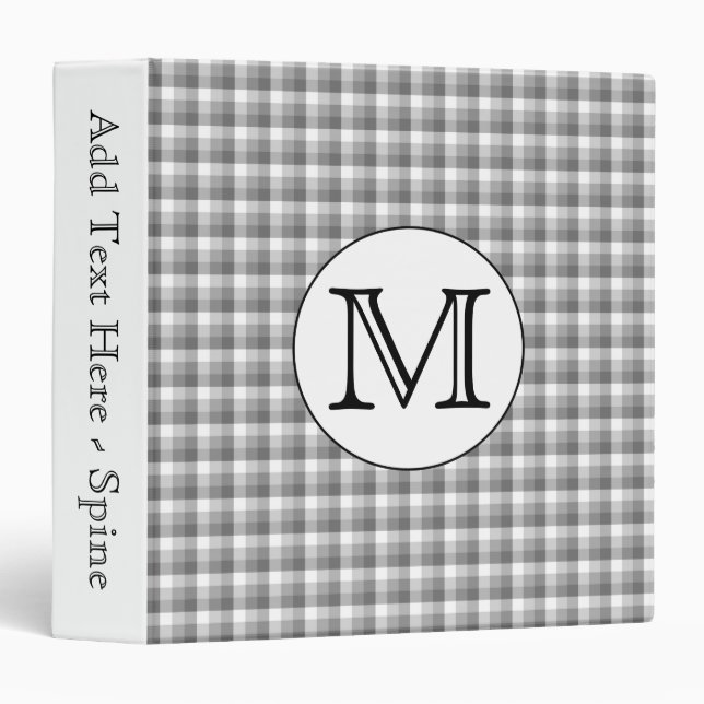 Custom Monogram. Black and White with Gray Check. 3 Ring Binder (Front/Spine)