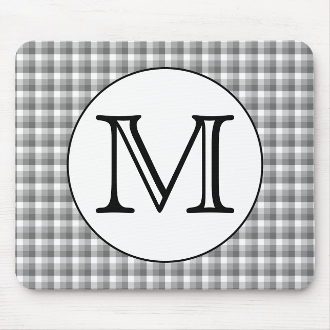 Custom Monogram. Black and White with Gray Check. Mouse Pad (Front)