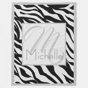 Custom Monogram Black and White Zebra Stripes Fleece Blanket