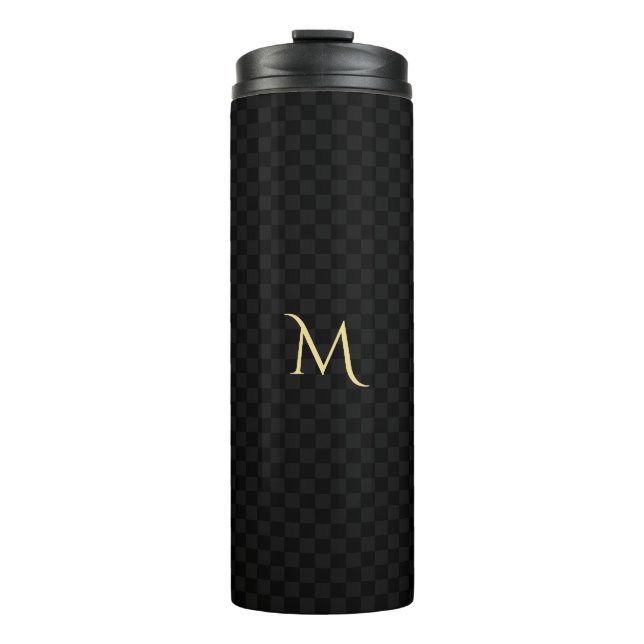 Custom Monogram Black Check Pattern Sleek Steel Thermal Tumbler (Front)