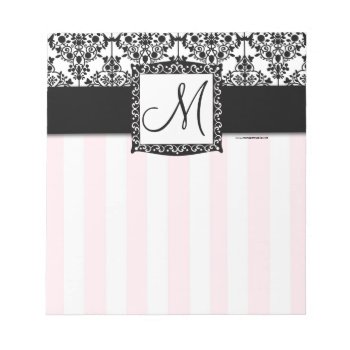 Custom Monogram Black Damask Pink Stripes Notepad by MonogramGalleryGifts at Zazzle