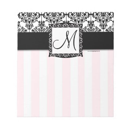 Custom Monogram Black Damask Pink Stripes Notepad