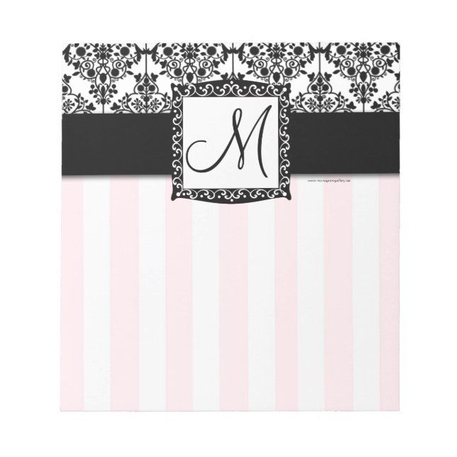 Custom Monogram Black Damask Pink Stripes Notepad (Front)