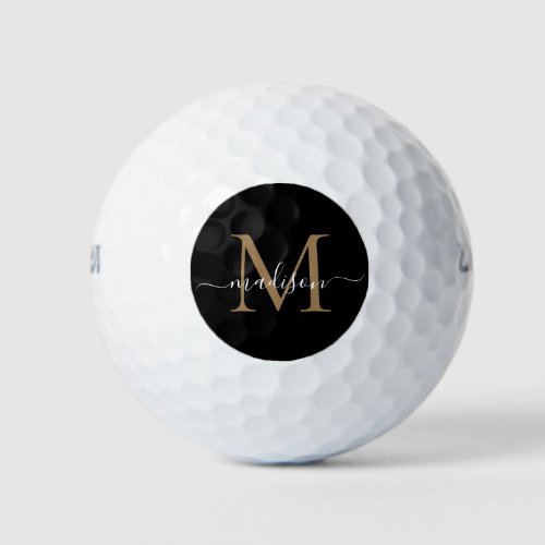 Custom Monogram Black Gold Elegant Script Name Golf Balls