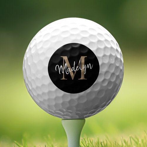 Custom Monogram Black Gold Elegant Script Name Golf Balls