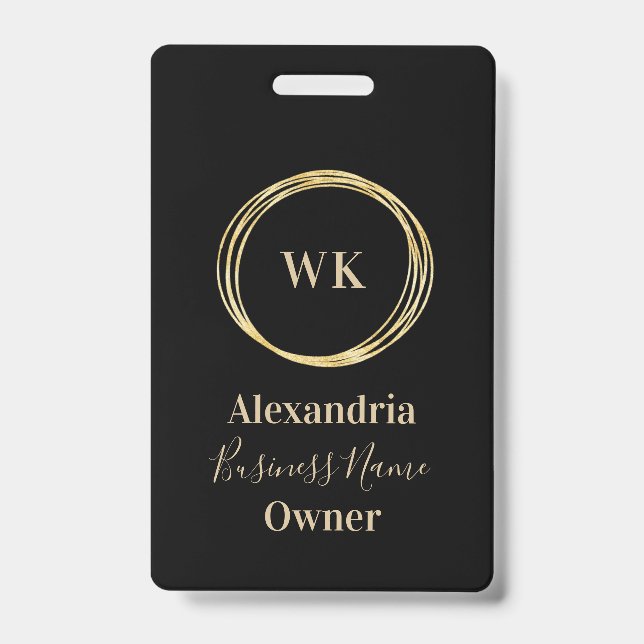 Custom Monogram Black Gold Employee Name Badge (Front)