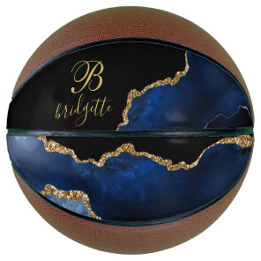 Custom Monogram Black Gold Navy Agate Geode Basketball
