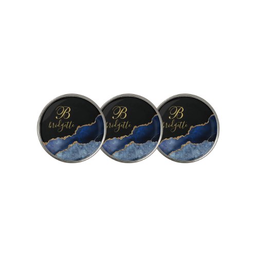 Custom Monogram Black Gold Navy Agate Geode Golf Ball Marker