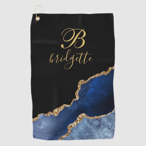 Custom Monogram Black Gold Navy Agate Geode Golf Towel