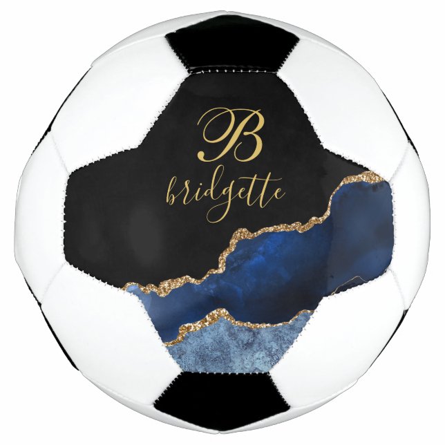 Custom Monogram Black Gold Navy Agate Geode Soccer Ball (Front)