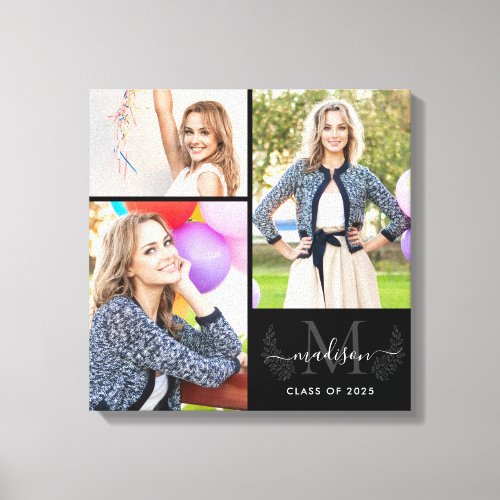 Custom Monogram Black Gray Graduation 2021 Photo Canvas Print