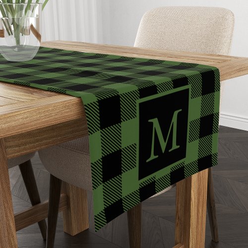 Custom Monogram Black Green Buffalo Plaid Pattern Short Table Runner