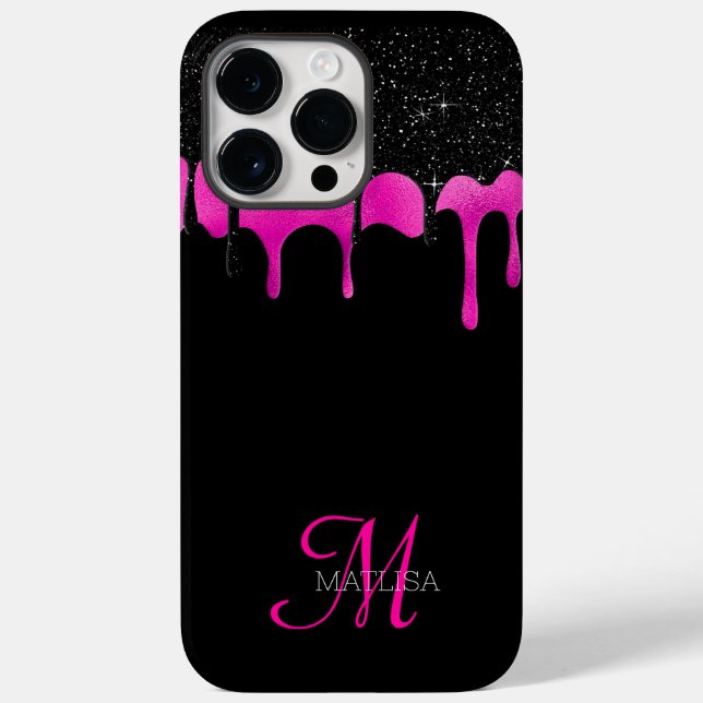 Custom Monogram Black Hot Pink Dripping Script  Case-Mate iPhone Case (Back)