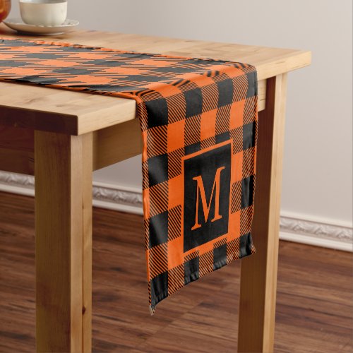 Custom Monogram Black Orange Buffalo Plaid Pattern Short Table Runner