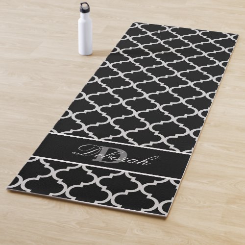Custom monogram black quatrefoil print yoga mat