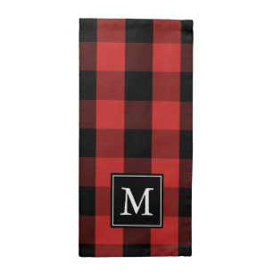 Custom Monogram Black Red Buffalo Plaid Pattern Cloth Napkin