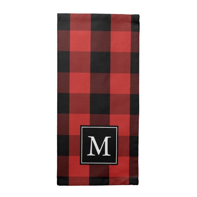 Custom Monogram Black Red Buffalo Plaid Pattern Cloth Napkin (Half Fold)