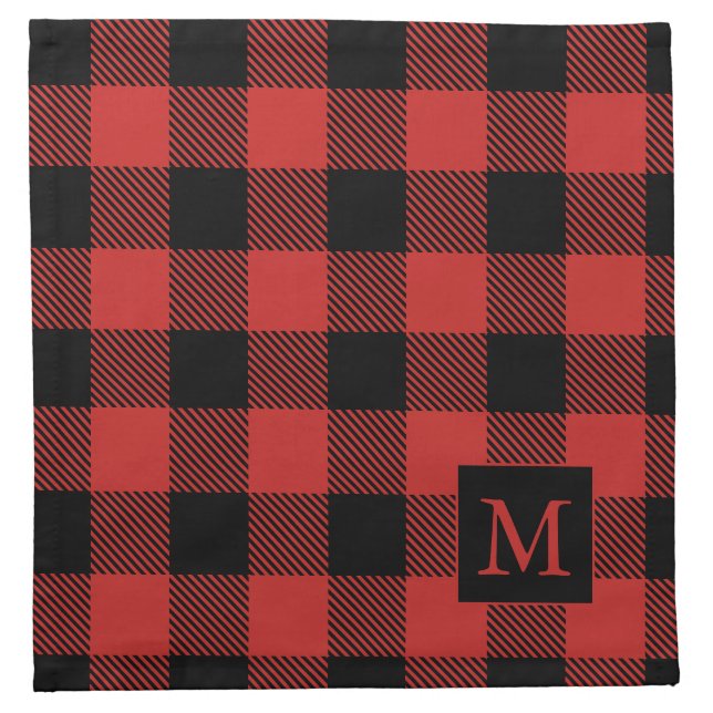 Custom Monogram Black Red Buffalo Plaid Pattern Cloth Napkin (Front)