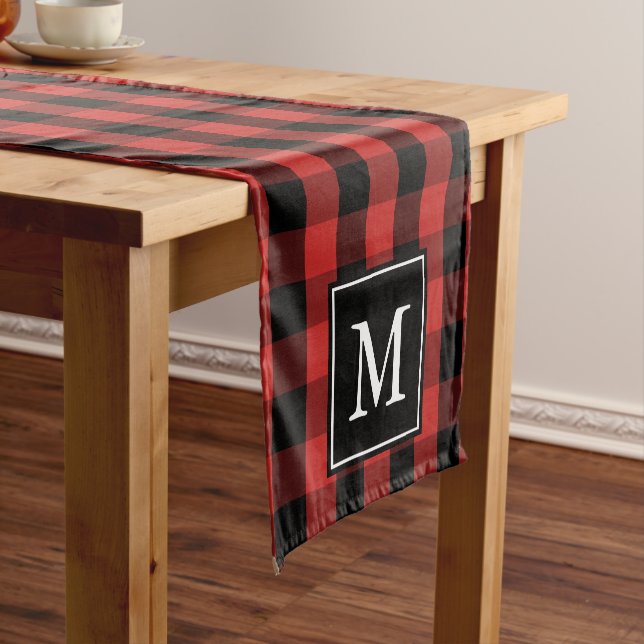 Custom Monogram Black Red Buffalo Plaid Pattern Short Table Runner (In Situ)