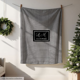 Custom Monogram Black White Buffalo Plaid Blanket