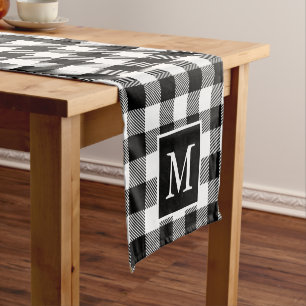 Custom Monogram Black White Buffalo Plaid Pattern Short Table Runner