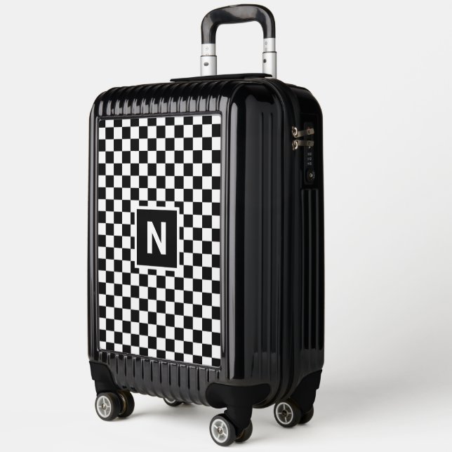 Custom Monogram Black White Checkered Pattern Luggage (Left)
