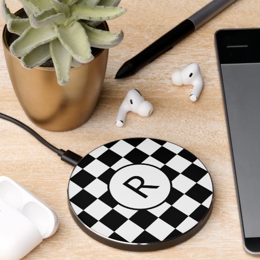 Custom Monogram Black White Checkered Pattern Wireless Charger (Desk 2)