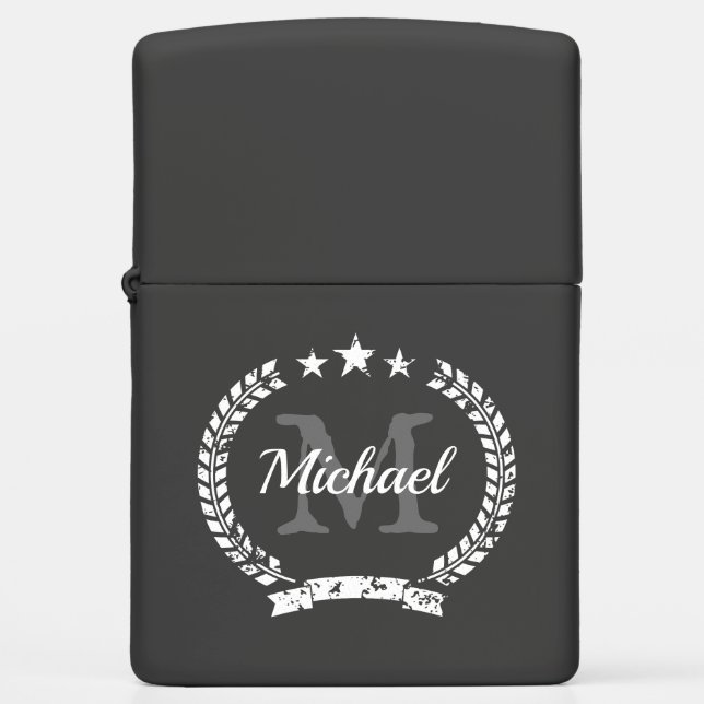 Custom monogram black Zippo lighter gift for men (Front)