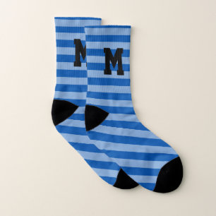 Custom monogram blue bold stripe pattern socks