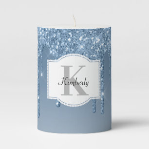 Custom Monogram - Blue Dripping Glitter Pillar Candle