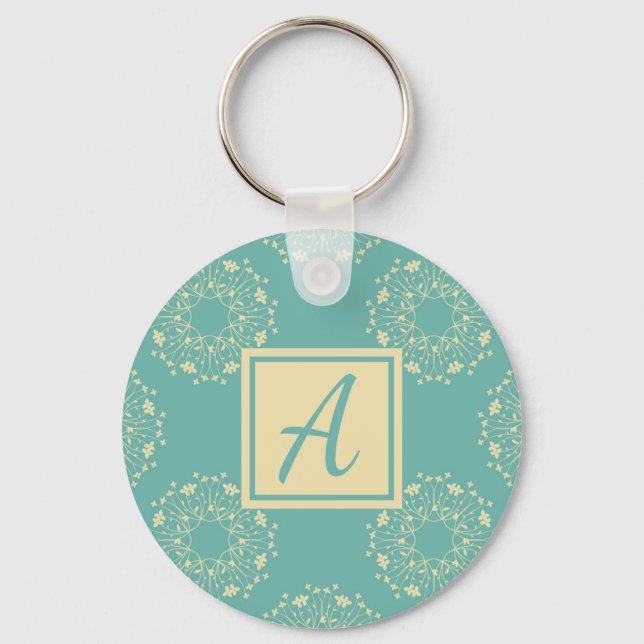 Custom Monogram Blue Floral Pattern Keychain (Front)
