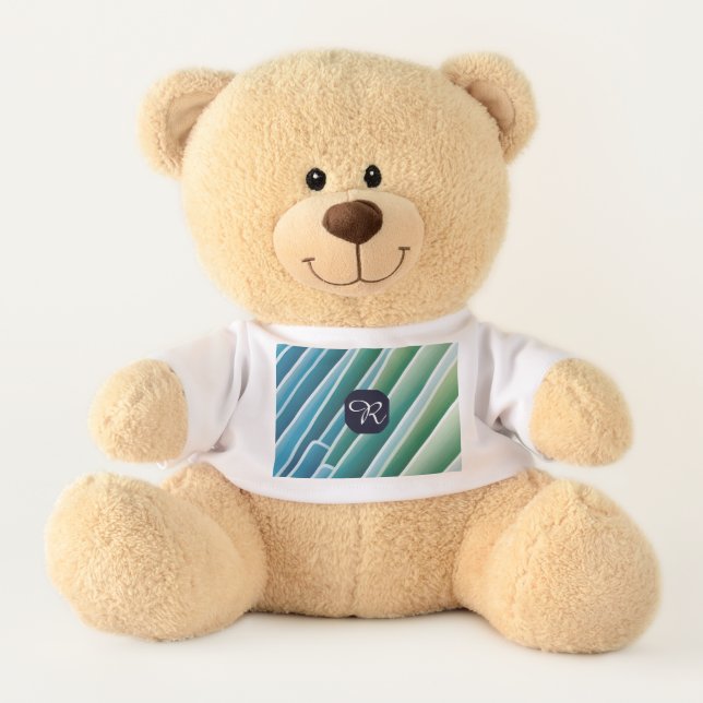 Custom Monogram Blue Green Abstract Medium  Teddy Bear (Front)