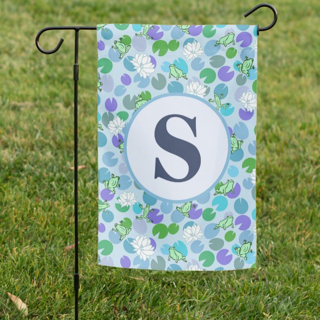 Custom monogram blue green frogs garden flag (Creator Uploaded)