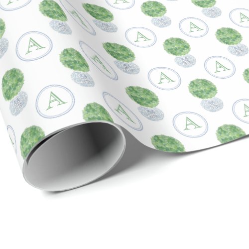 Custom Monogram Blue Green Preppy Boxwood Wrapping Paper - Handpainted green boxwood ball in blue and white "ginger jar" style ceramic planter. Add your single letter monogram to give a stylish and co-ordinated look to your gifts
