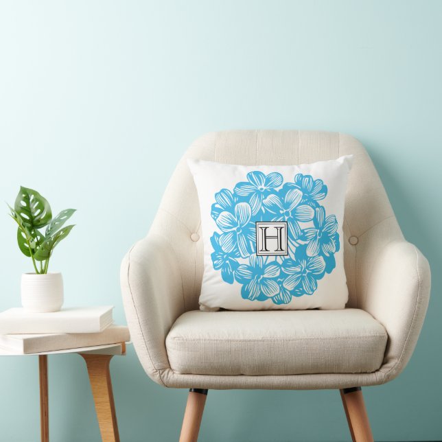 Custom Monogram Blue Hydrangea Flower Blossoms Throw Pillow (Chair)