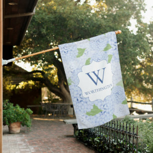 Custom Monogram Blue Hydrangea Watercolor House Flag