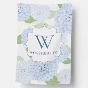 Custom Monogram Blue Hydrangea Watercolor House Flag