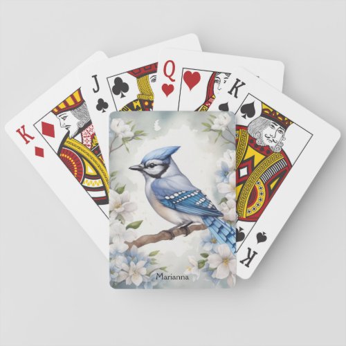 Custom Monogram Blue Jay Painting Playing Cards