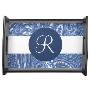 Custom monogram blue paisley serving tray
