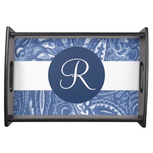 Custom monogram blue paisley serving tray (Front)