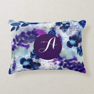 Custom Monogram Blue Purple Flowers Pattern Accent Pillow
