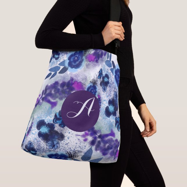 Custom Monogram Blue Purple Flowers Pattern Crossbody Bag (Close Up)