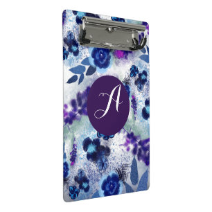 Custom Monogram Blue Purple Flowers Pattern Mini Clipboard