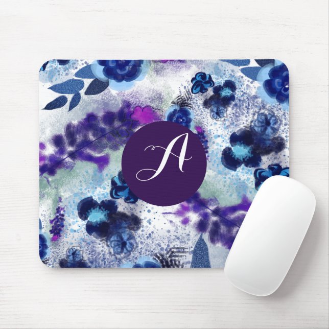 Custom Monogram Blue Purple Flowers Pattern Mouse Pad (With Mouse)