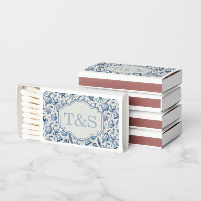 Custom Monogram Blue Toile Christmas Ornaments  Matchboxes (Stacked)